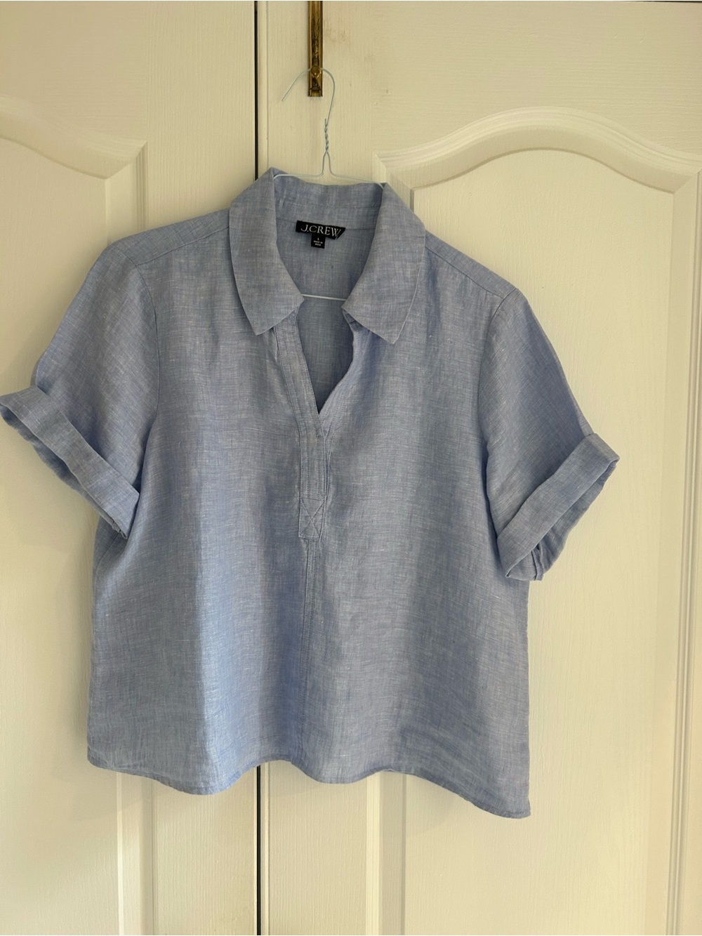 J. Crew Light Blue and Black Linen Short-Sleeve Tops